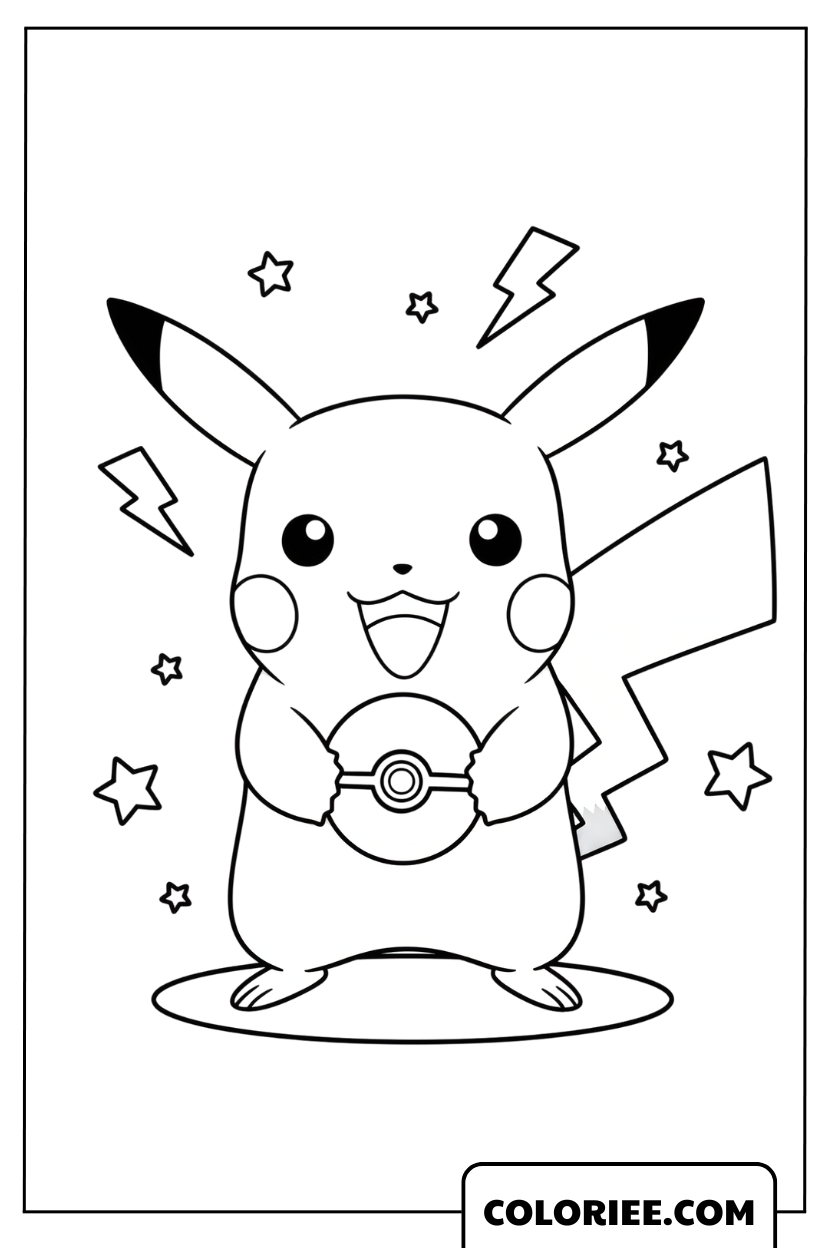 Pikachu tenant une Poké Ball plein d’énergie