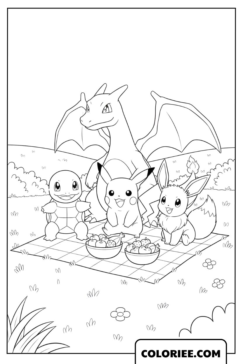 Pique-nique Pokémon de Pikachu, Eevee, Carapuce et Dracaufeu