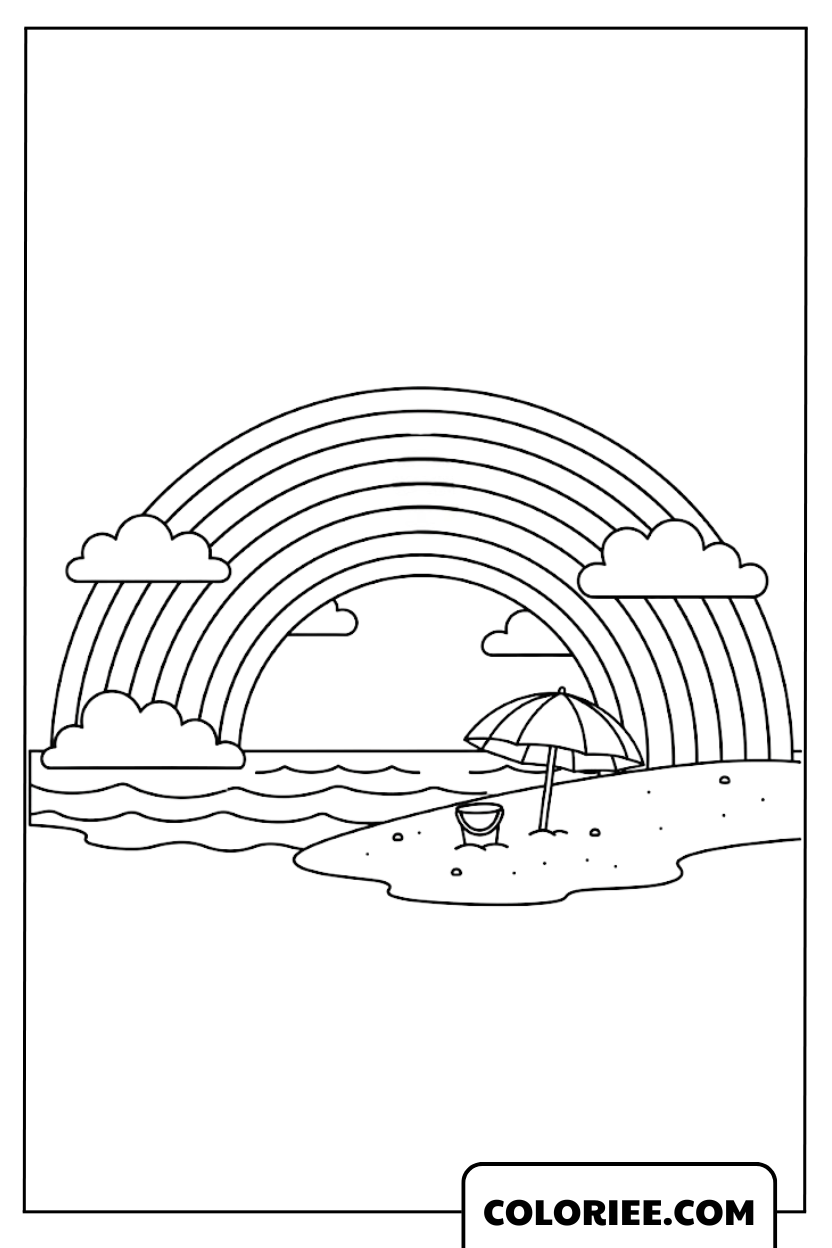 Plage merveilleuse sous un grand arc-en-ciel