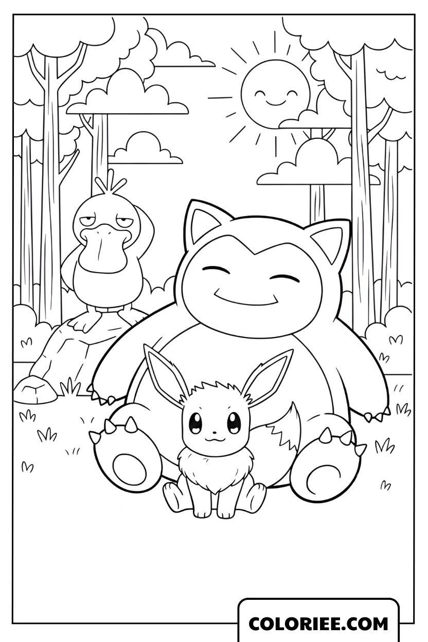 Ronflex se détend avec Eevee et Psykokwak dans la forêt
