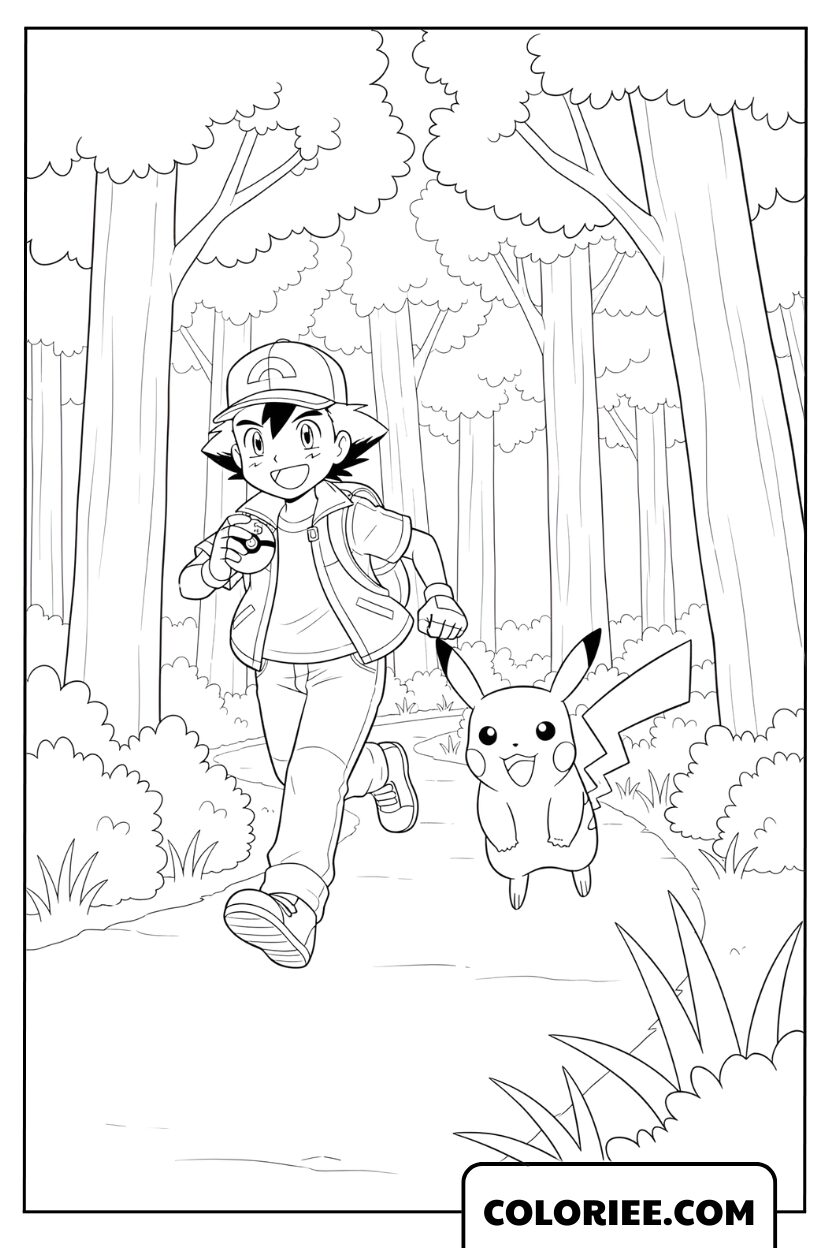 Sacha et Pikachu courent dans la forêt