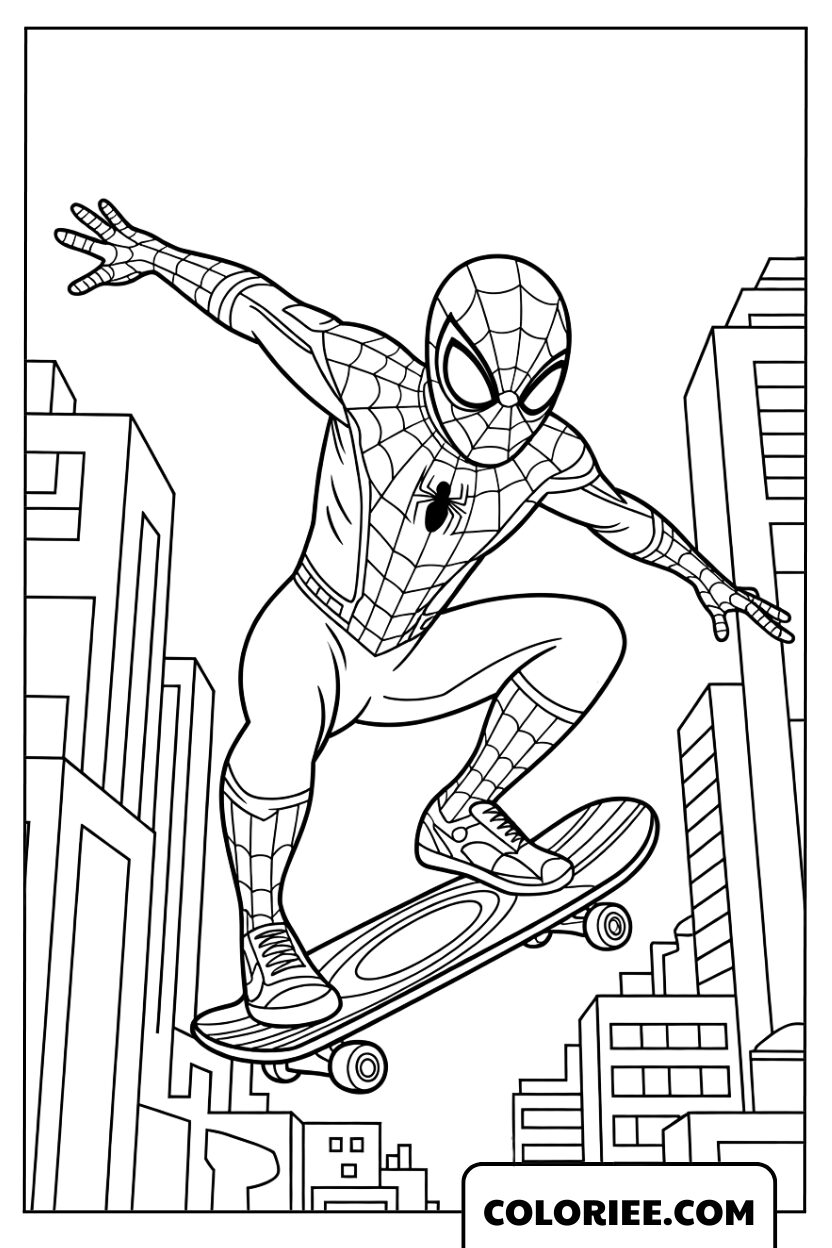 Spider-Man sur sa Planche au Milieu des Gratte-Ciel