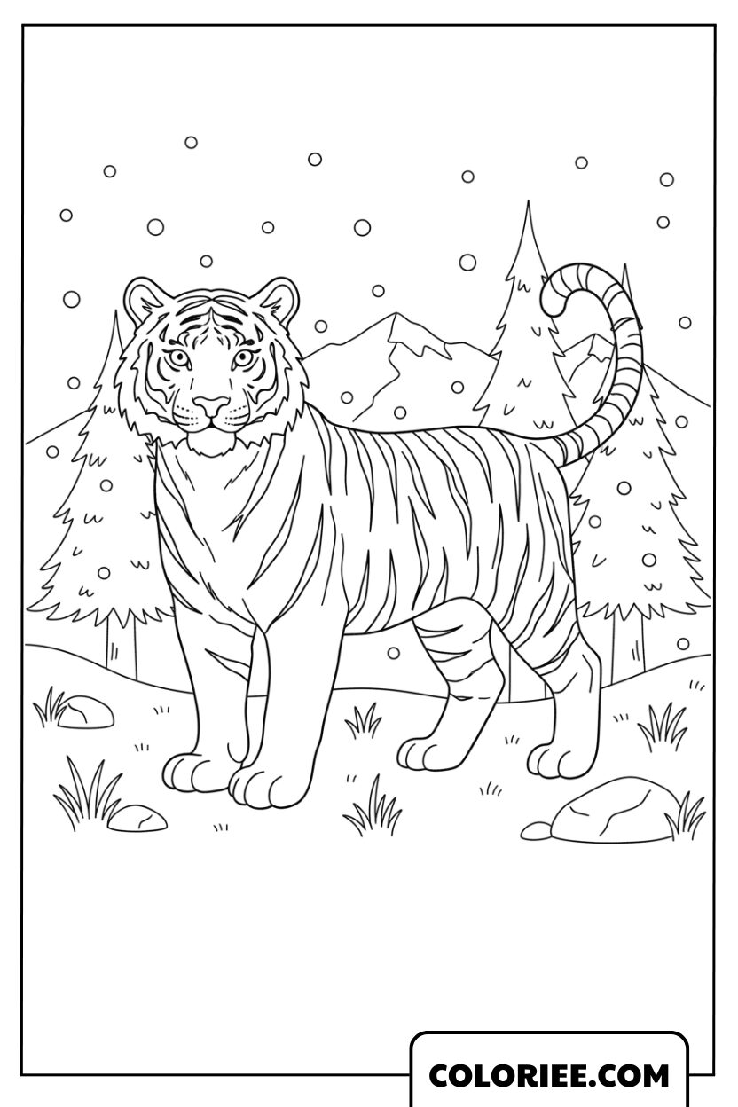 Tigre majestueux dans la forêt de montagne en hiver