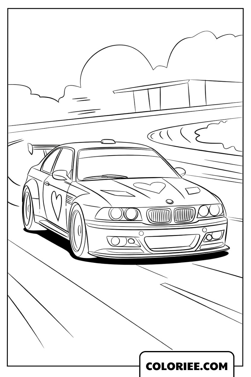 Voiture de Course aux Cœurs Fonçant sur la Piste
