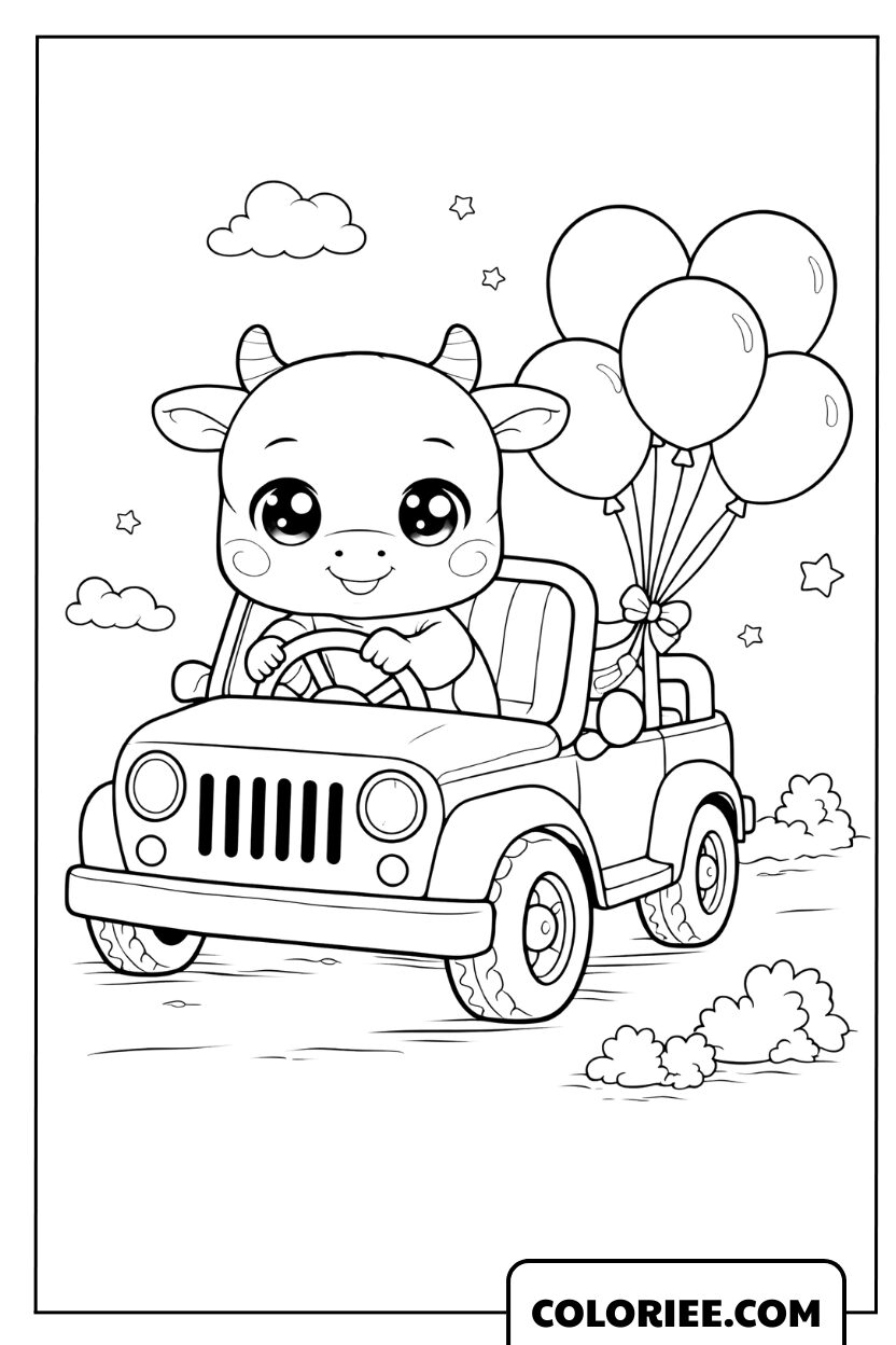 Dessin d'une petite vache mignonne conduisant une jeep avec des ballons