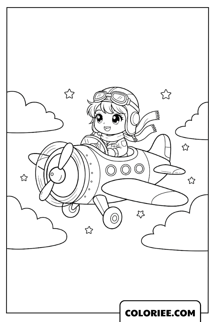 Coloriage Avion petit pilote aux commandes d’un avion