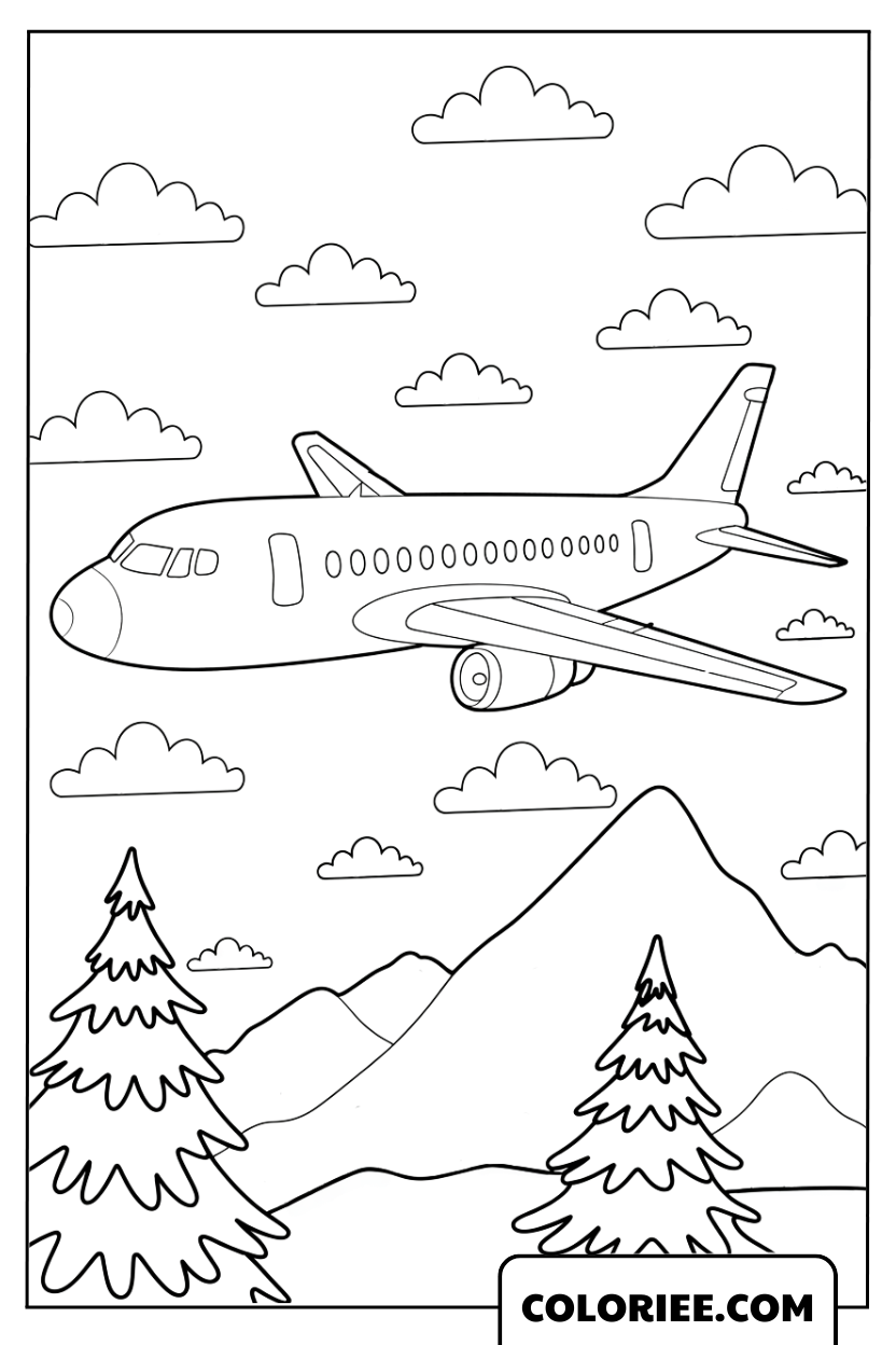 Coloriage Avion volant au dessus des montagnes et de la forêt