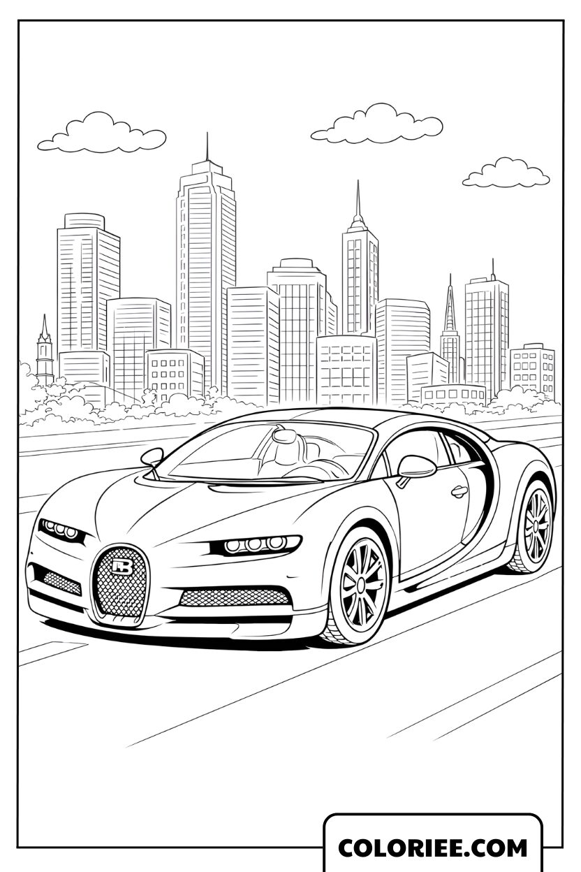 Coloriage Bugatti roulant en ville moderne