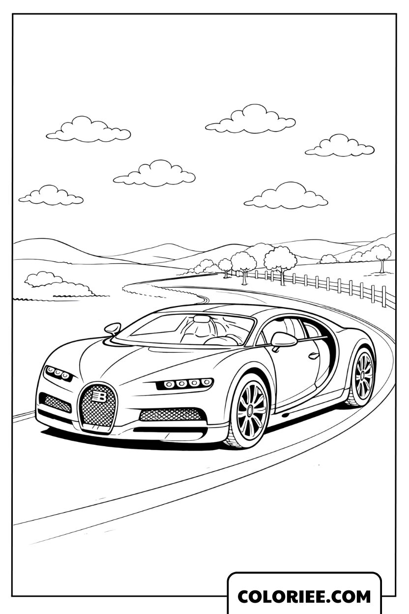 Coloriage Bugatti sur une route sinueuse