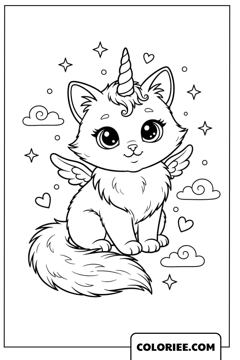 Coloriage Chat Licorne Petit Ange