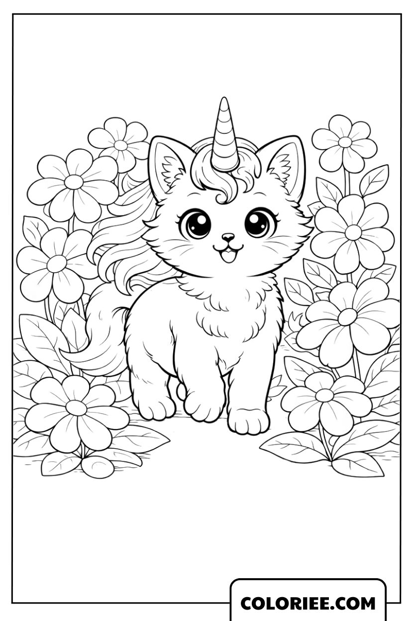 Coloriage Chat Licorne dans le Jardin Féérique