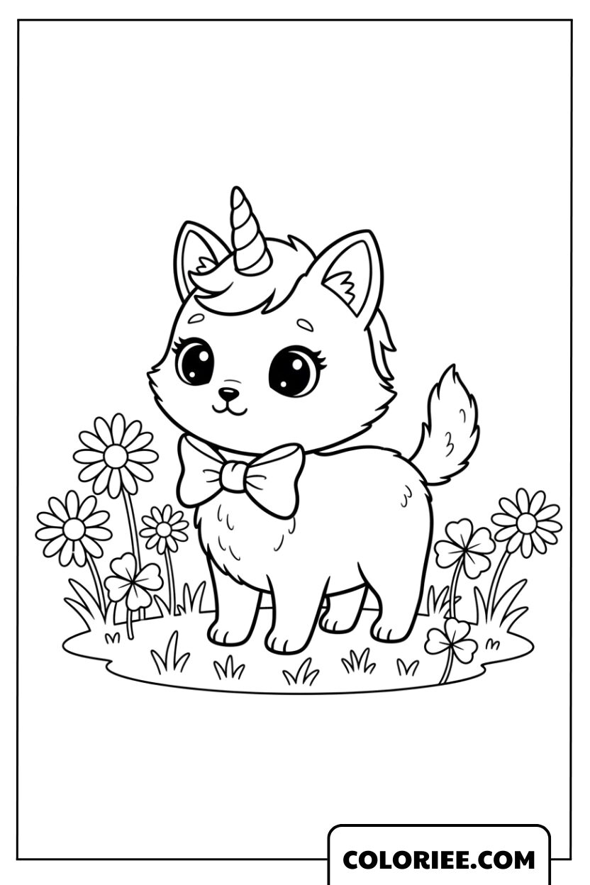 Coloriage Chat Licorne dans le Jardin Fleuri