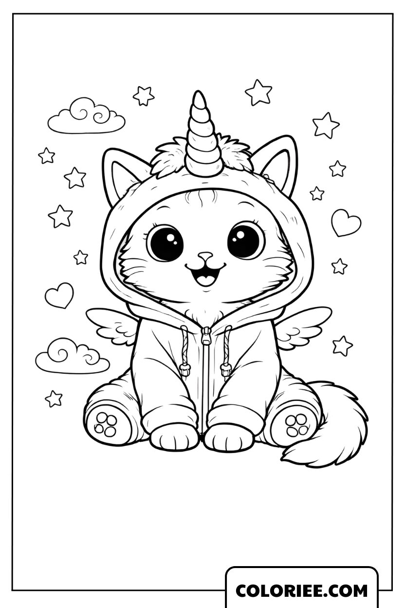 Coloriage Chat Licorne en Hoodie