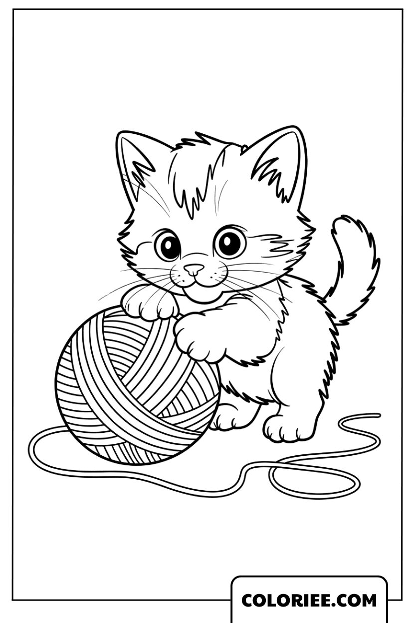 Coloriage Chaton Jouant avec une Pelote de Laine