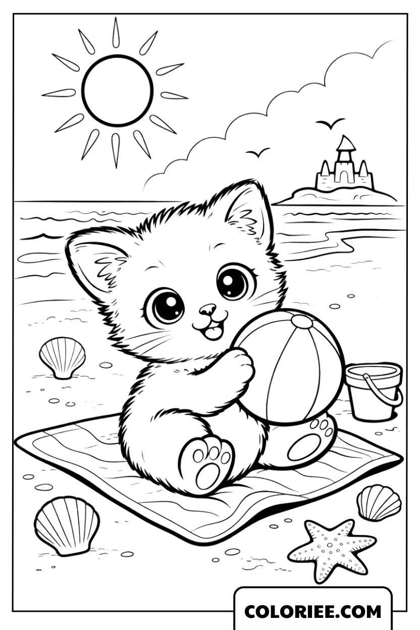 Coloriage Chaton Jouant sur la Plage en Été