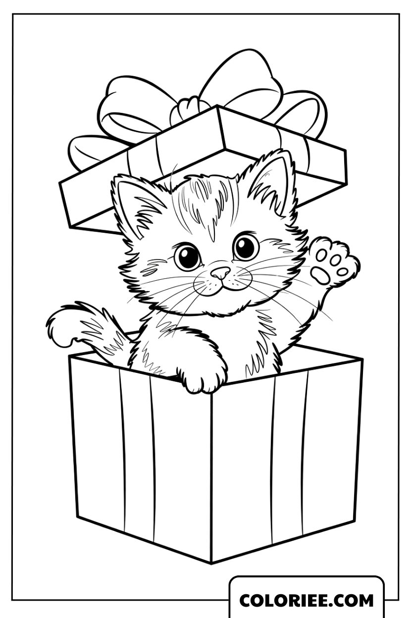 Coloriage Chaton Surprise dans une Boîte Cadeau