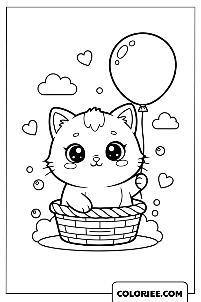 Coloriage Chaton dans un Panier avec Ballon Rêveur