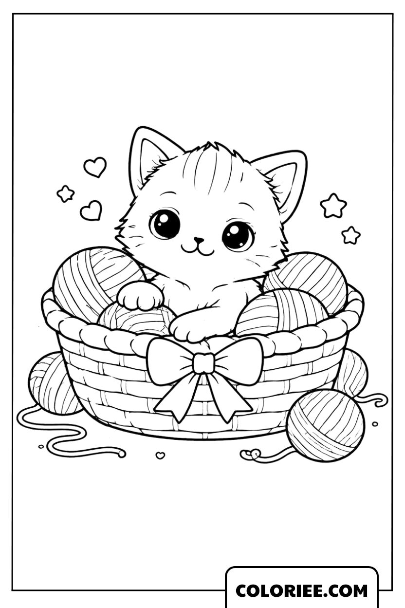 Coloriage Chaton dans un Panier de Laine Mignon