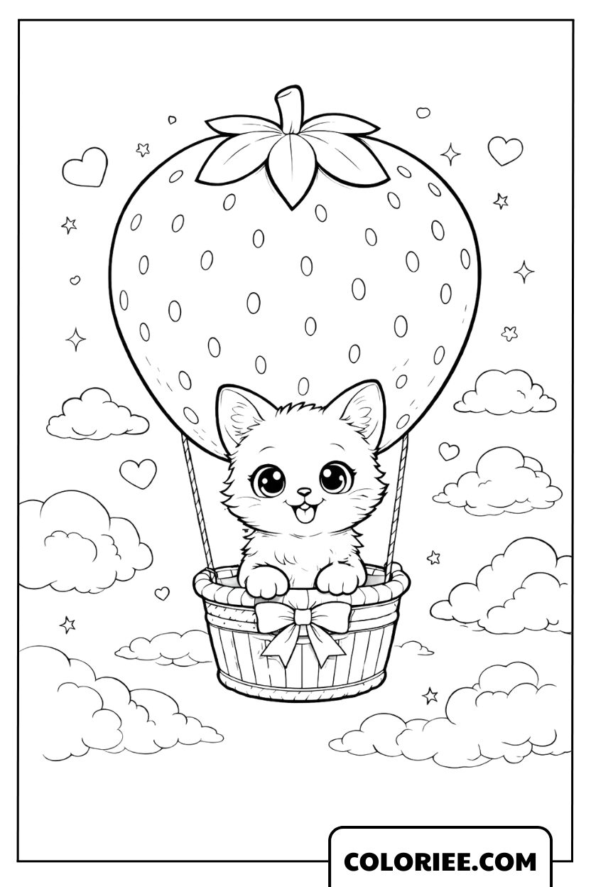 Coloriage Chaton en Montgolfière Fraise