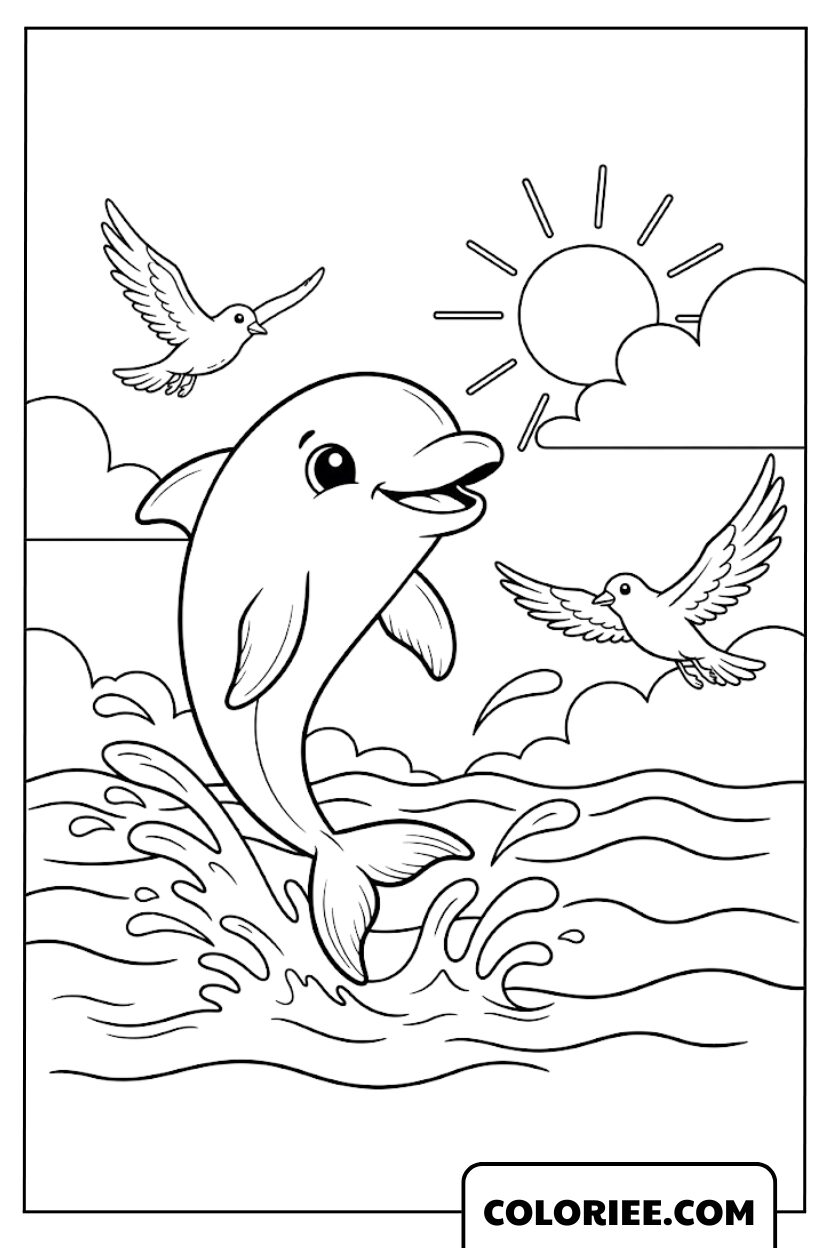 Coloriage Dauphin Dansant avec les Oiseaux de Mer au Soleil