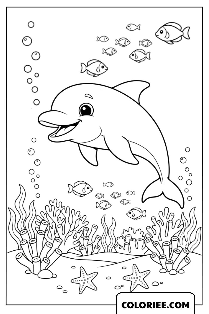 Coloriage Dauphin Nageant Parmi les Poissons