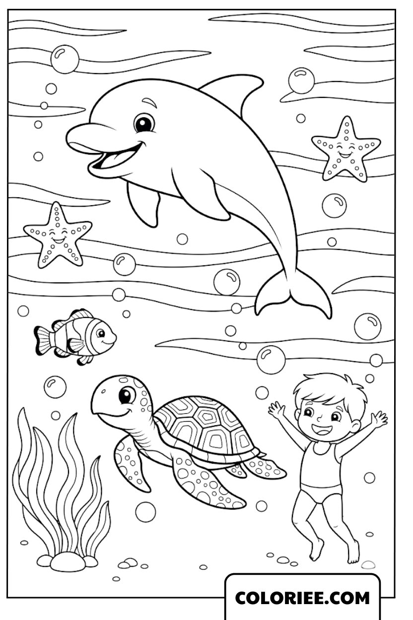 Coloriage Dauphin Nageant avec la Tortue et l’Enfant