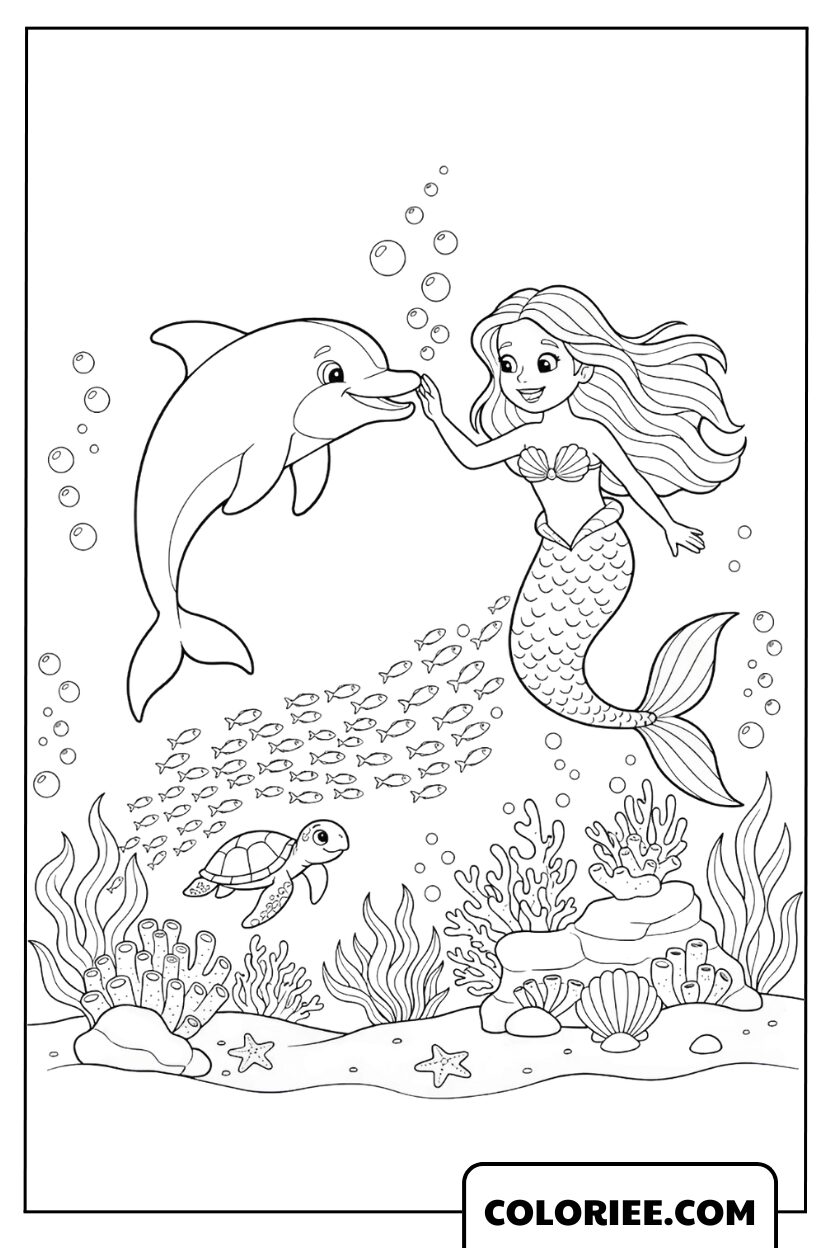 Coloriage Dauphin et Sirène Sous l’Océan