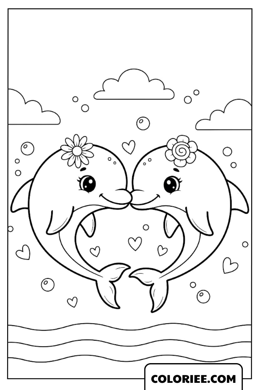Coloriage Deux Dauphins en Forme de Cœur