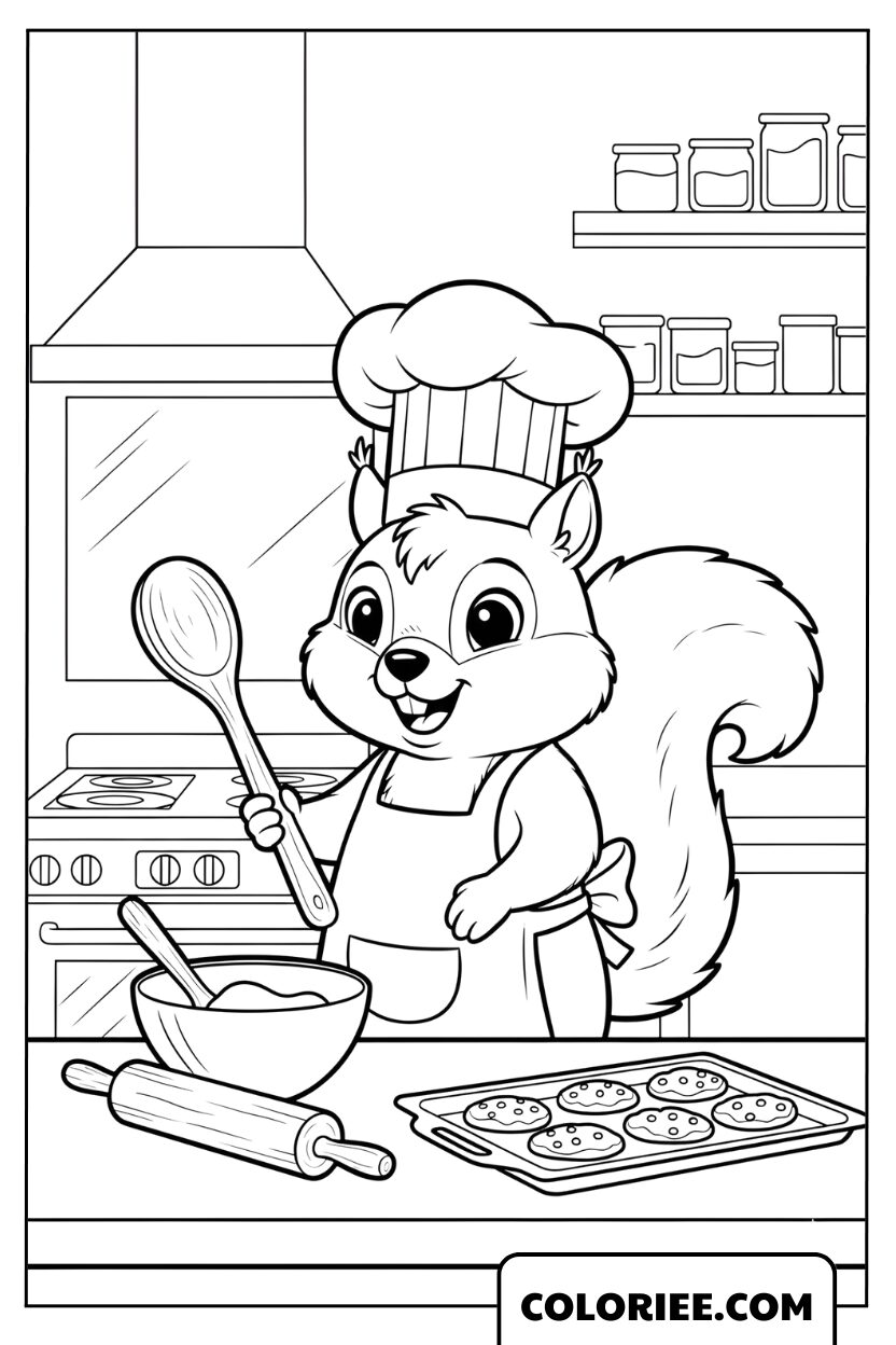 Coloriage Écureuil Chef Cuisinier et Ses Petits Biscuits