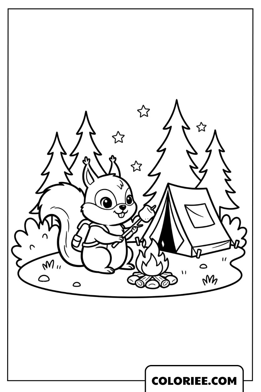 Coloriage Écureuil au camping près du feu de camp