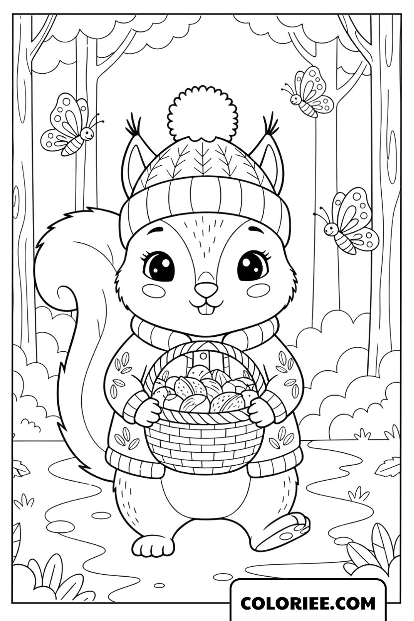 Coloriage Écureuil d’hiver avec son panier de glands