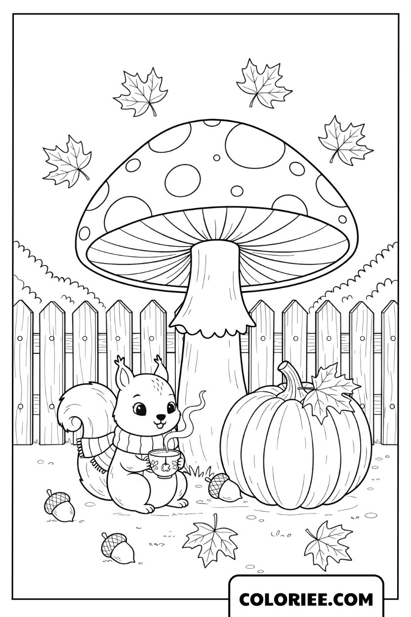 Coloriage Écureuil et Citrouille d’Automne