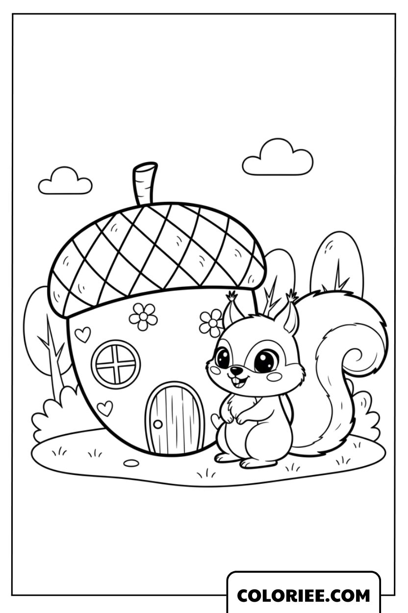 Coloriage Écureuil et sa maison en forme de gland magique