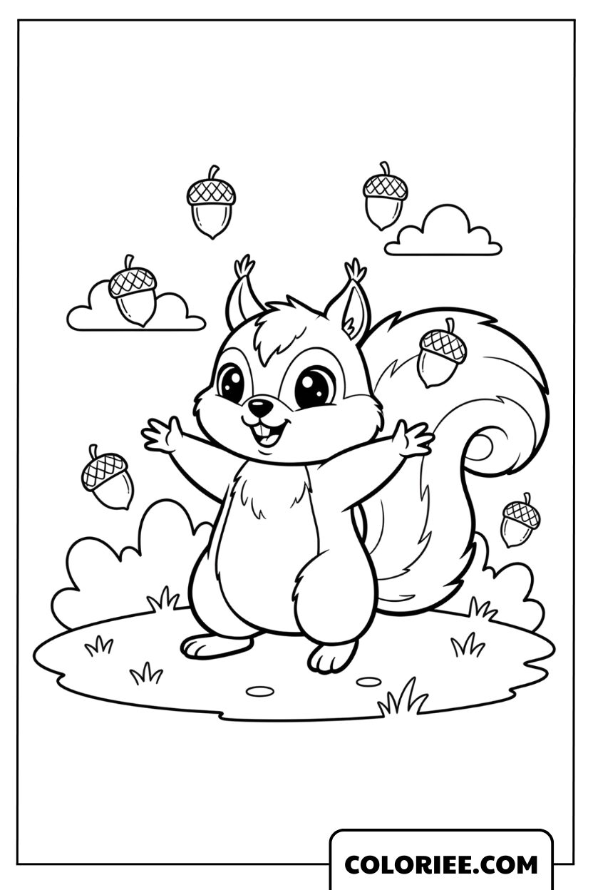 Coloriage Écureuil joyeux avec des glands qui tombent