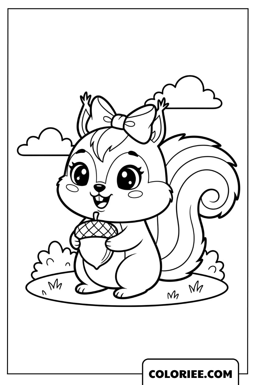Coloriage Écureuil mignon avec son petit nœud et un gland