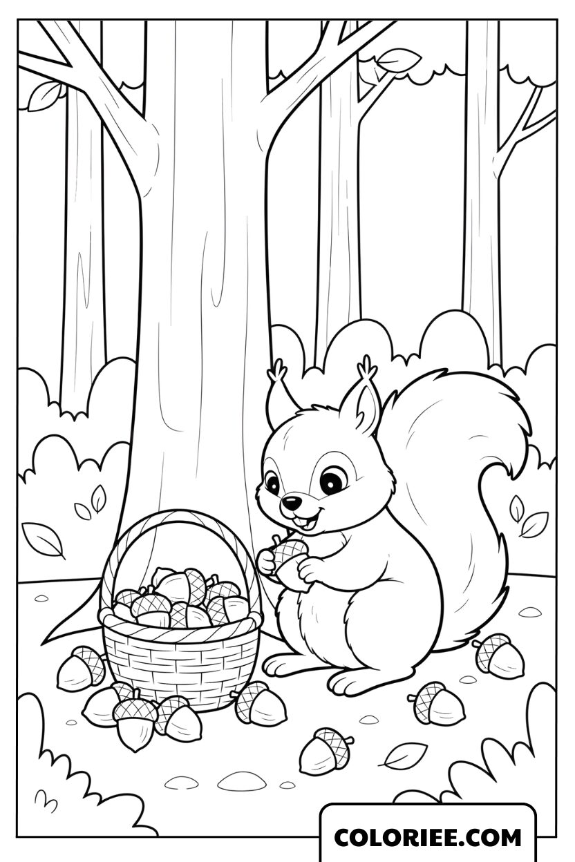 Coloriage Écureuil récoltant des glands dans la forêt