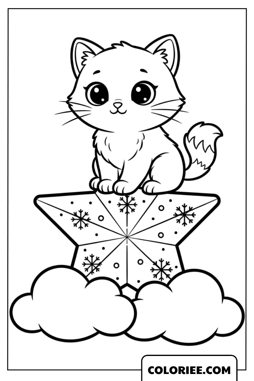 Coloriage Étoile avec un petit chat mignon