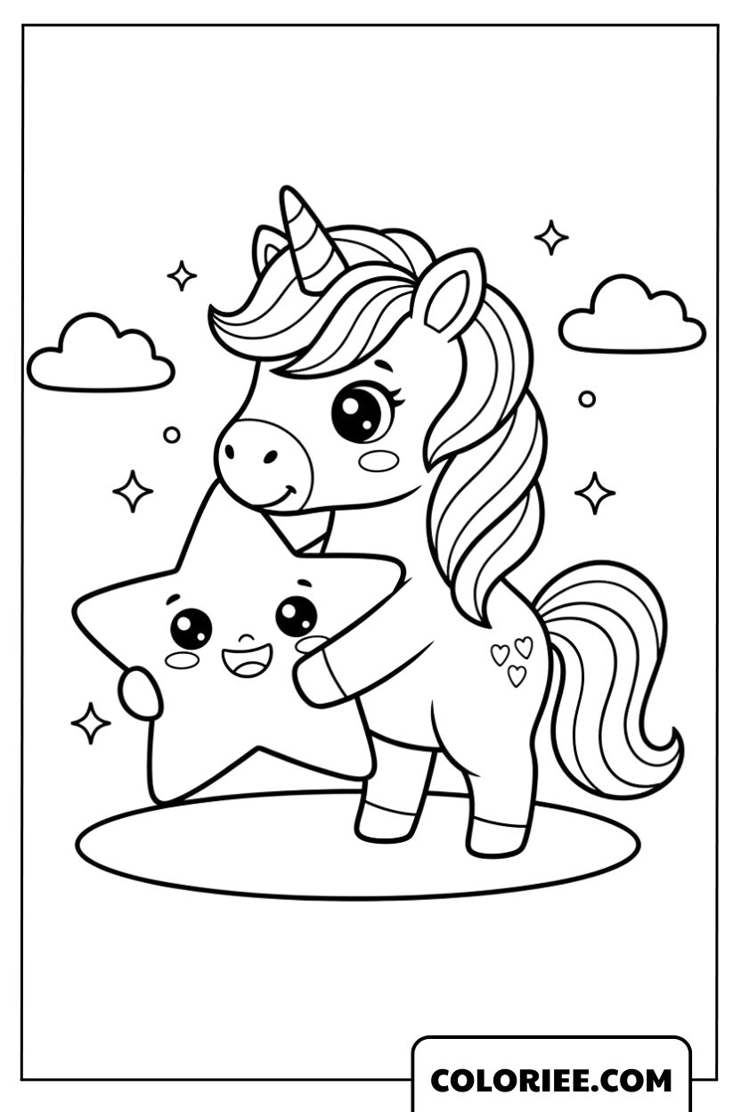 Coloriage Étoile avec une licorne magique