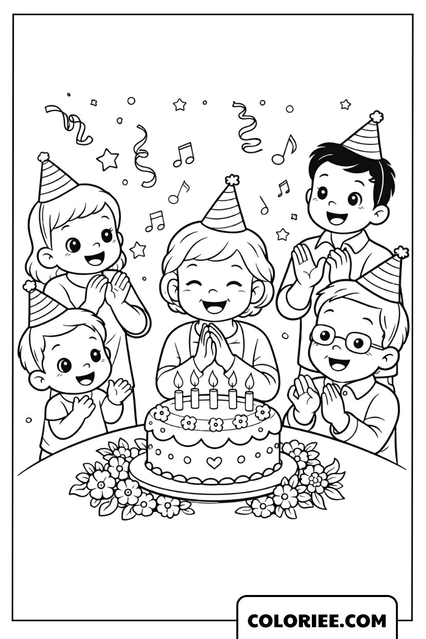 Coloriage Famille Fêtant un Anniversaire