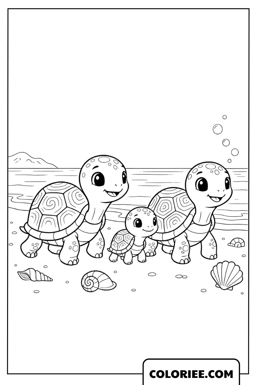Coloriage Famille de Tortues sur la Plage