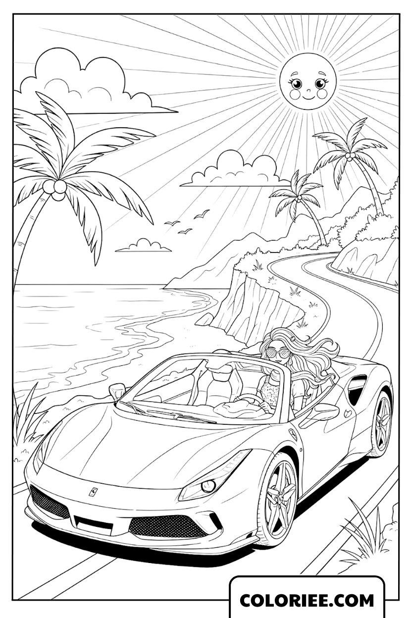 Coloriage Ferrari Barbie au volant sur la route côtière
