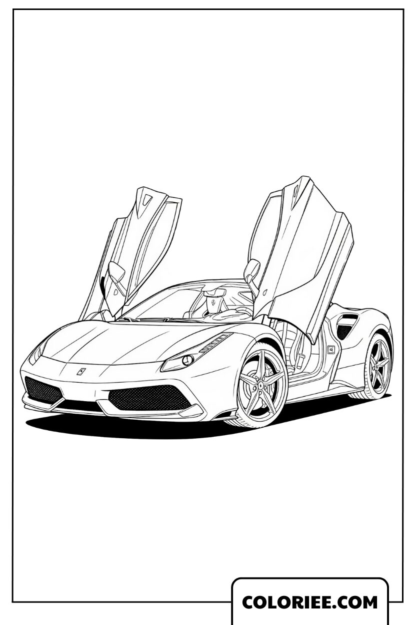 Coloriage Ferrari avec portes ouvertes style supercar