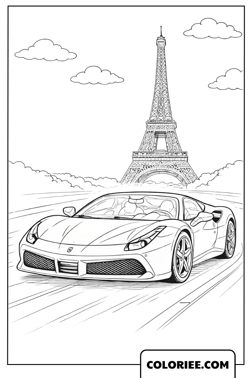 Coloriage Ferrari dans les rues de Paris