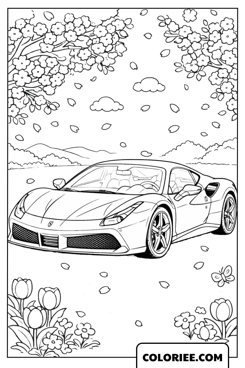 Coloriage Ferrari dans un décor de fleurs qui tombent