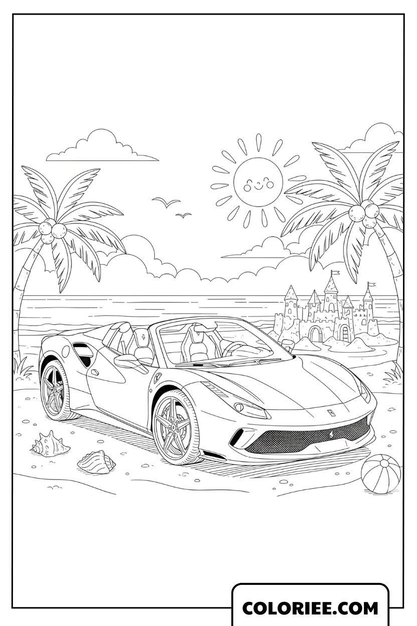 Coloriage Ferrari en balade au bord de la mer