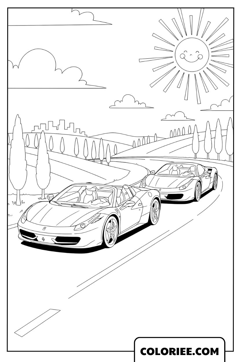 Coloriage Ferrari filant sur le boulevard de la ville