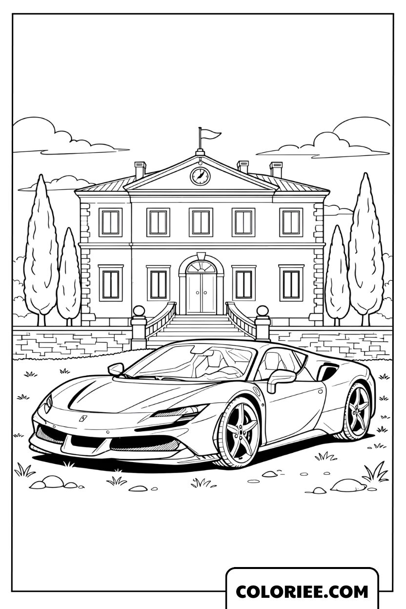 Coloriage Ferrari garée devant une villa de luxe