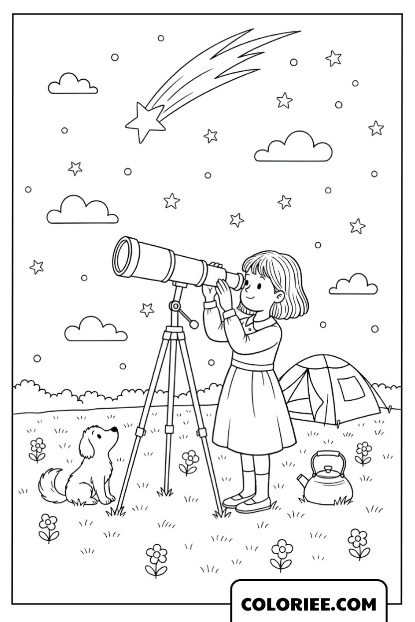 Coloriage Fillette observant les étoiles filantes la nuit