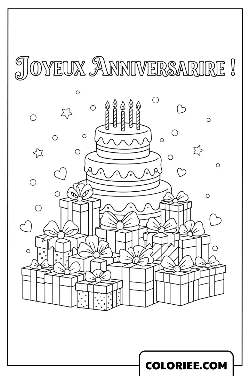 Coloriage Gâteau d’Anniversaire et Cadeaux