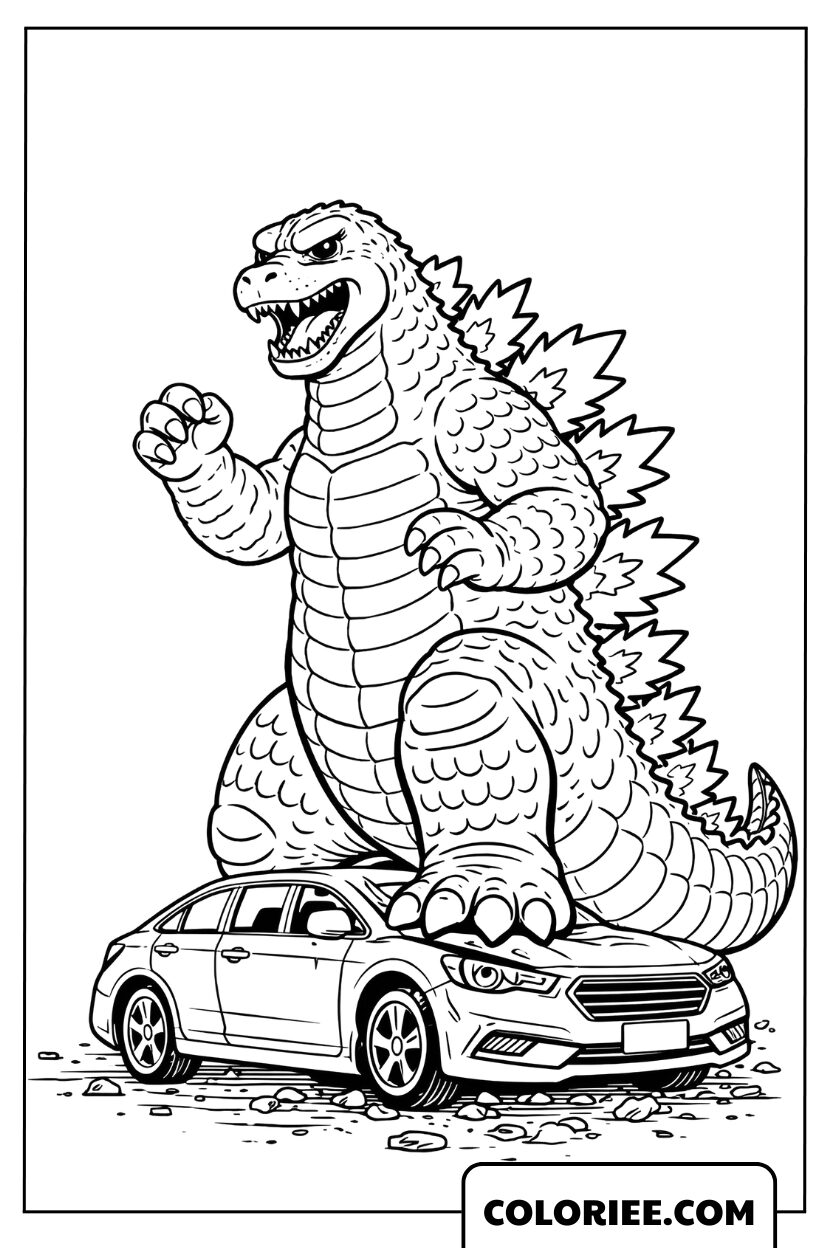 Coloriage Godzilla À Côté D’une Voiture